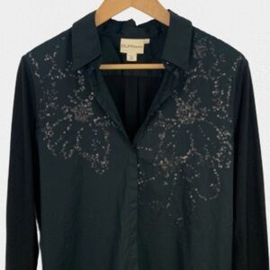 PURE DKNY top black sequin long sleeve button down shirt medium